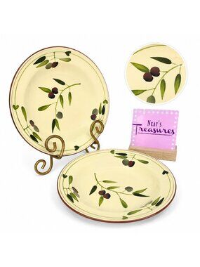 Home TERRA COTTA OLIVE BRANCH Purple Green Yellow Rim Soup Cereal Bowls Set 2